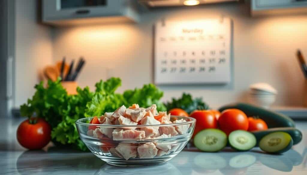 A balanced tuna weight loss plan: a beautifully lit kitchen counter with a glass bowl of fresh tuna chunks, surrounded by vibrant vegetables like lettuce, tomatoes, and cucumbers. In the background, a clean, minimalist wall calendar highlights a monthly meal plan. Subtle lighting from an overhead fixture casts a warm, natural glow, emphasizing the healthy ingredients. The composition is clean, uncluttered, and inviting, reflecting the simplicity and nutritional value of a tuna-based weight loss regimen. A balanced tuna weight loss plan: a beautifully lit kitchen counter with a glass bowl of fresh tuna chunks, surrounded by vibrant vegetables like lettuce, tomatoes, and cucumbers. In the background, a clean, minimalist wall calendar highlights a monthly meal plan. Subtle lighting from an overhead fixture casts a warm, natural glow, emphasizing the healthy ingredients. The composition is clean, uncluttered, and inviting, reflecting the simplicity and nutritional value of a tuna-based weight loss regimen.