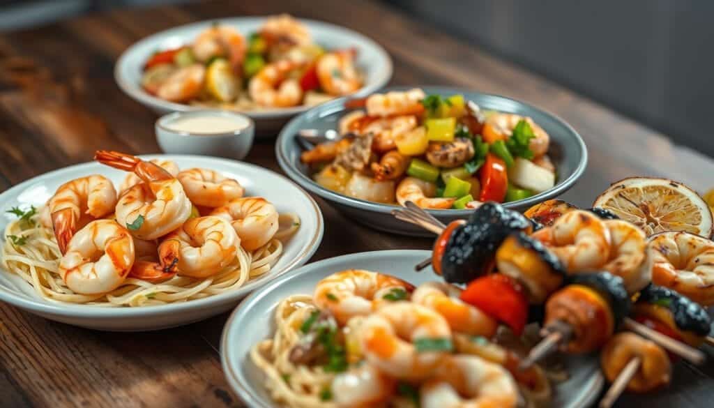 A beautifully lit close-up of a variety of low calorie shrimp dishes, including shrimp scampi with zucchini noodles, shrimp ceviche with fresh citrus, and grilled shrimp skewers with roasted vegetables. The shrimp are plump and juicy, with a delicate, glistening texture. The dishes are artfully arranged on a rustic wooden table, with a soft, diffused lighting creating a warm, inviting atmosphere. The overall impression is one of health, freshness, and culinary delight, perfectly capturing the essence of weight loss-friendly shrimp recipes under 400 calories. A beautifully lit close-up of a variety of low calorie shrimp dishes, including shrimp scampi with zucchini noodles, shrimp ceviche with fresh citrus, and grilled shrimp skewers with roasted vegetables. The shrimp are plump and juicy, with a delicate, glistening texture. The dishes are artfully arranged on a rustic wooden table, with a soft, diffused lighting creating a warm, inviting atmosphere. The overall impression is one of health, freshness, and culinary delight, perfectly capturing the essence of weight loss-friendly shrimp recipes under 400 calories.
