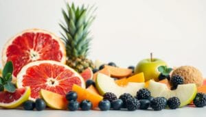 A bountiful arrangement of fresh, vibrant fruits against a clean, minimalist background. In the foreground, luscious slices of ruby-red grapefruit, juicy pineapple wedges, and crisp green apple halves. In the middle ground, ripe, plump blueberries and succulent blackberries. In the background, a subtle gradient from soft white to pale blue, creating a serene, airy atmosphere. Warm, diffused lighting highlights the natural textures and colors of the fruits, emphasizing their nutritional properties and weight-loss benefits. Captured with a wide-angle lens to showcase the array of healthy options for an effective weight-loss strategy.