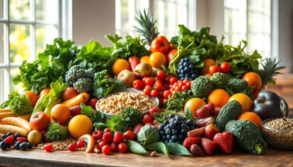 A bountiful spread of fresh, colorful produce fills the frame - crisp greens, juicy berries, crunchy veggies, and vibrant citrus fruits. Sunlight filters through large windows, illuminating the scene with a warm, natural glow. In the foreground, a wooden table is adorned with an assortment of healthy meal components - lean protein, whole grains, and heart-healthy fats. A sense of balance and harmony permeates the image, conveying the essence of a nourishing, well-rounded diet for healthy weight loss. The composition is clean and uncluttered, allowing the ingredients to take center stage and inspire the viewer to emulate this wholesome, sustainable approach to eating.