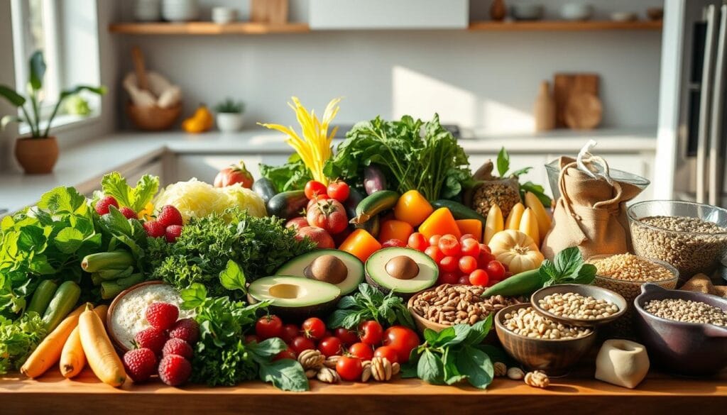 A bountiful table display, illuminated by soft natural light. In the foreground, an assortment of vibrant, nutrient-dense foods: leafy greens, colorful berries, crisp vegetables, lean proteins, and wholesome grains. The middle ground showcases a variety of healthy fats like avocado, nuts, and seeds. In the background, a serene, minimalist kitchen setting with clean lines and muted tones, creating a calming atmosphere. The scene conveys a sense of balance, simplicity, and the nourishing power of a well-designed weight loss diet.