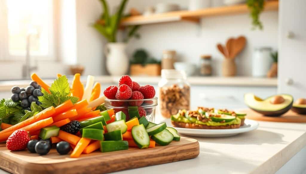 A bright, airy kitchen filled with a bountiful spread of healthy mid-morning snacks. In the foreground, a wooden cutting board showcases an assortment of freshly sliced vegetables - crisp carrots, juicy bell peppers, and crunchy cucumber spears. Beside them, a small bowl overflows with vibrant berries, their jewel-toned hues glistening under the soft, natural lighting. In the middle ground, a glass jar filled with protein-rich nuts and seeds sits alongside a plate of creamy avocado toasts, drizzled with a touch of olive oil. In the background, a window filters in warm, diffused sunlight, casting a serene, calming atmosphere. The overall scene exudes a sense of nourishment, balance, and healthful indulgence.