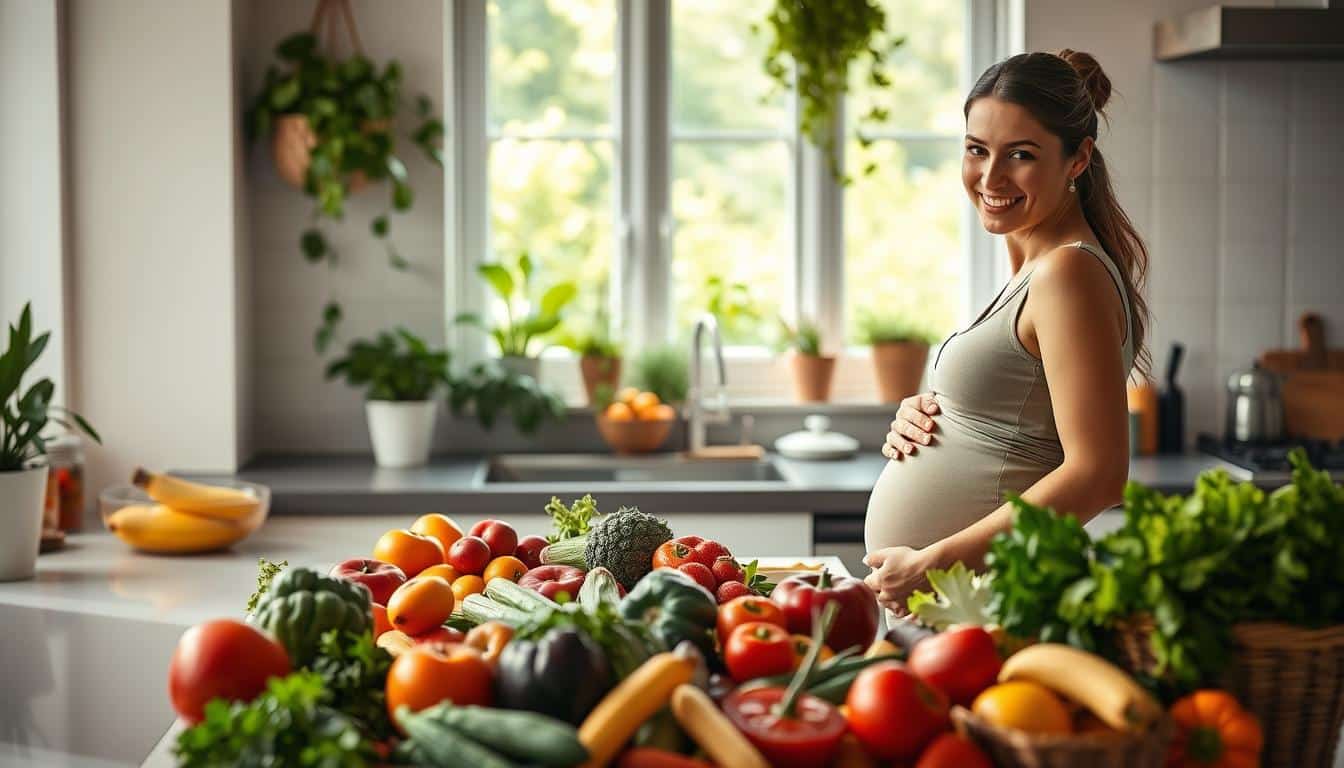 A bright, airy kitchen scene with a pregnant woman at a countertop, surrounded by an assortment of fresh, colorful produce and healthy ingredients. The woman is smiling as she prepares a nutritious meal, her baby bump visible. Diffused, natural lighting casts a warm glow, highlighting the vibrant hues of the fruits and vegetables. In the background, a window overlooks a lush, verdant garden, emphasizing the connection to nature and the importance of a wholesome, plant-based diet during pregnancy. The overall atmosphere is one of calm, contentment, and a focus on nourishing both mother and child.