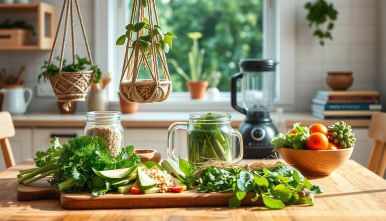 A bright, airy kitchen scene with a wooden table featuring a variety of healthy, fresh ingredients. In the foreground, a cutting board with sliced vegetables, a glass jar of whole grains, and a bowl of vibrant greens. Hanging from the ceiling, a plant in a macrame holder casts natural light over the scene. The middle ground showcases a blender, a carafe of water, and a stack of recipe books. In the background, a window overlooks a lush garden, hinting at the abundance of seasonal produce available. The overall atmosphere is calming and inspirational, encouraging a mindful approach to a beginner's healthy weight loss diet.