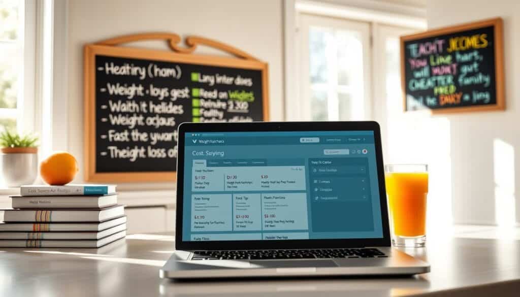A bright, airy kitchen scene with sunlight streaming through large windows. On the kitchen counter, a open laptop displays a Weight Watchers subscription dashboard, showcasing cost-saving tips and membership plan options. Next to the laptop, a stack of healthy recipe books and a glass of freshly squeezed juice. In the background, a wall-mounted chalkboard displays a colorful list of weight loss tips and motivational phrases. The overall mood is one of organization, productivity and weight loss achievement.