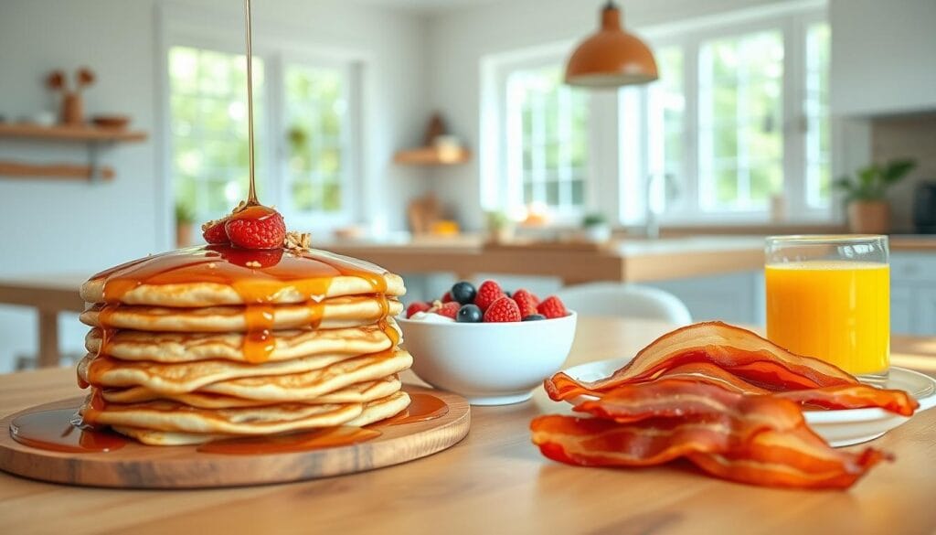 A bright, airy kitchen with natural lighting streaming in through large windows. On a wooden table, an assortment of wholesome breakfast items - a stack of fluffy whole-grain pancakes drizzled with maple syrup, a bowl of Greek yogurt topped with fresh berries and a sprinkle of granola, a glass of freshly squeezed orange juice, and a plate of crisp, perfectly cooked turkey bacon. The scene exudes a sense of balance, energy, and nourishment, capturing the essence of a healthy, satisfying morning meal.