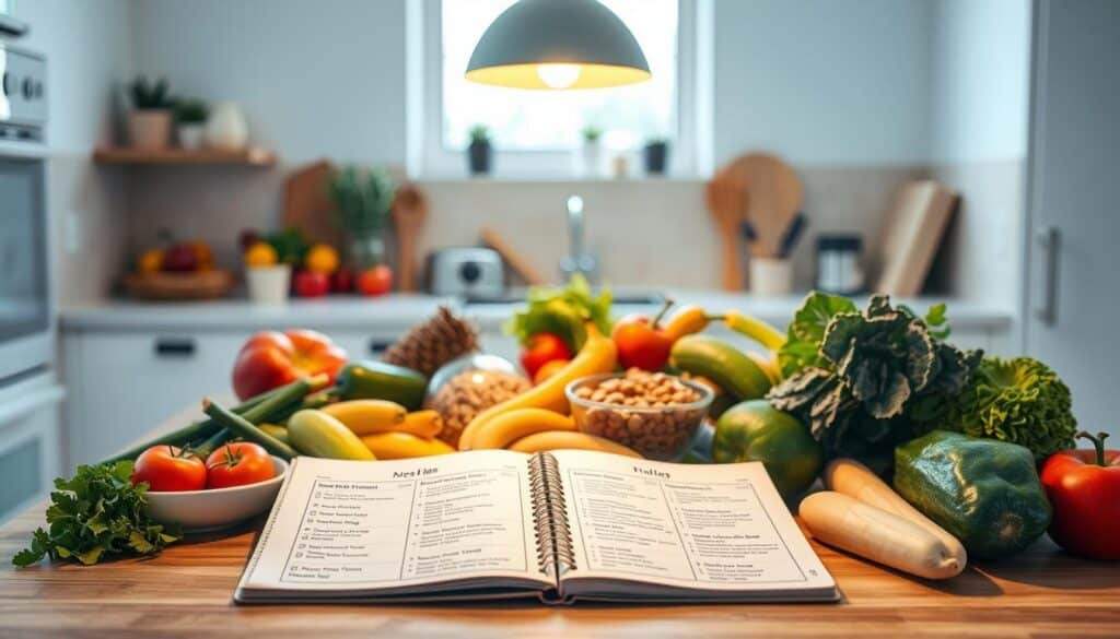 A brightly lit kitchen countertop, with a variety of fresh fruits, vegetables, whole grains, and lean proteins neatly arranged. In the foreground, a meal planning notebook open, showcasing daily meal ideas and portion control guidelines. Overhead, a pendant light casts a warm, inviting glow, with natural light filtering in through a nearby window. In the background, a clean, minimalist kitchen setting, conveying a sense of order and organization. The mood is one of focused determination, with the image inspiring a healthy, sustainable approach to weight loss through intentional meal planning.