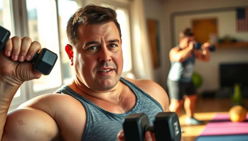 A close-up portrait of Billy Gardell, the American actor and comedian, performing a full-body workout routine. He is depicted in a well-lit home gym setting, wearing comfortable athletic attire. His expression is focused and determined as he executes a series of strength training exercises using dumbbells, a yoga mat, and other fitness equipment. The background is slightly blurred, emphasizing the subject and his workout regimen. The lighting is natural and warm, casting subtle shadows that accentuate the tone and definition of his physique. The overall atmosphere conveys a sense of discipline, perseverance, and a healthy lifestyle transformation.