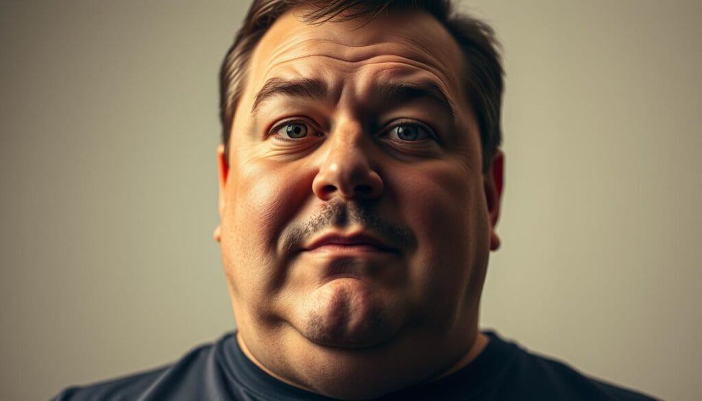 A close-up portrait of Billy Gardell, the comedian and actor, against a clean, minimal background. His face is well-lit, highlighting his features and the results of his impressive weight loss journey. His expression is one of pride and determination, subtly conveying the hard work and discipline behind his transformation. The image has a warm, cinematic tone, capturing the essence of his inspiring story. The perspective is slightly elevated, creating an empowering, aspirational feel. The lighting is balanced, with soft shadows accentuating the contours of his face. The overall composition and styling aim to showcase Billy Gardell's weight loss accomplishment in a visually compelling and impactful way.