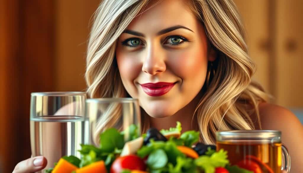 A close-up portrait of Kelly Clarkson, framed in warm, natural lighting, showcasing her radiant, healthy complexion and slender figure. The foreground features a plate of fresh, colorful salad, accompanied by a glass of water and a cup of herbal tea, symbolizing her balanced, nutrient-rich dietary approach. The background gently blurs, highlighting the subject's focus and determination. The overall mood conveys a sense of wellness, vitality, and a renewed sense of self-confidence.