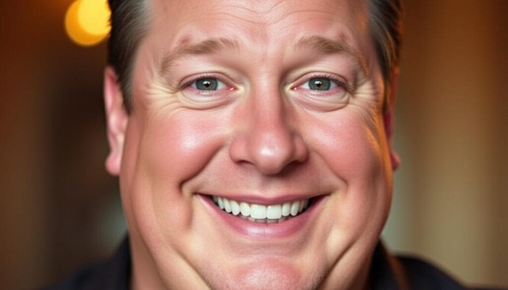 A close-up portrait of a smiling Billy Gardell, with a softer, more youthful appearance. The lighting is flattering, with warm tones highlighting his features. His expression conveys confidence and a sense of renewed energy. The background is blurred, keeping the focus on Gardell's face and the transformation in his appearance. The image should capture the impact of Gardell's weight loss on his public persona, showcasing a more vibrant and rejuvenated version of the actor.