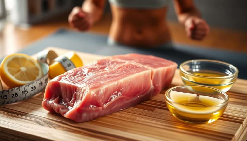 A close-up shot of a fresh tuna steak on a wooden cutting board, surrounded by sliced lemon wedges, a measuring tape, and a small bowl of olive oil. The tuna glistens under warm, soft lighting, highlighting its vibrant pink color and firm texture. In the background, a blurred silhouette of a person exercising on a yoga mat, conveying the connection between tuna and weight loss. The overall composition suggests the nutritional benefits of tuna and its potential role in a healthy weight management regimen. A close-up shot of a fresh tuna steak on a wooden cutting board, surrounded by sliced lemon wedges, a measuring tape, and a small bowl of olive oil. The tuna glistens under warm, soft lighting, highlighting its vibrant pink color and firm texture. In the background, a blurred silhouette of a person exercising on a yoga mat, conveying the connection between tuna and weight loss. The overall composition suggests the nutritional benefits of tuna and its potential role in a healthy weight management regimen.