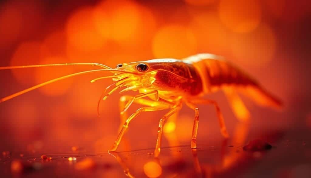 A close-up shot of a shrimp in a warm, golden-hued lighting, its body glowing with an internal energy. The shrimp's carapace reflects the light, giving it a luminous, almost otherworldly appearance. In the background, a blurred, abstract gradient of vibrant reds, oranges, and yellows, suggesting a metabolic process in action. The composition is balanced, with the shrimp positioned slightly off-center, creating a sense of movement and dynamism. The image conveys a feeling of vitality, power, and the idea of a metabolism boost through the use of warm tones and the shrimp's striking visual presence.