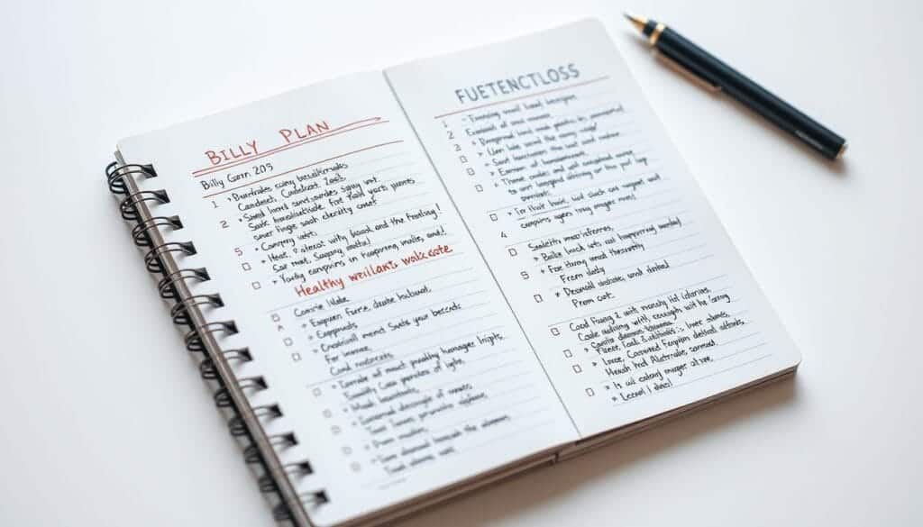 A close-up shot of a well-organized, spiral-bound notebook with detailed meal plans, exercise routines, and handwritten notes. The pages are filled with healthy recipes, calorie counts, and progress tracking. The notebook is set against a clean, minimalist background, with muted tones and soft, directional lighting that emphasizes the focus and dedication behind Billy Gardell's weight loss journey. The overall mood is one of diligence, discipline, and a commitment to personal transformation.