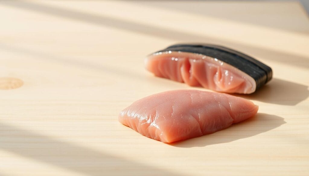 A crisp, clean-lined nutritional profile of fresh tuna fish on a light-colored wooden surface, lit by soft, natural daylight. In the foreground, the fish fillet is carefully arranged to showcase its attractive color and texture, with key nutritional facts and values presented in a clear, legible layout. The middle ground features sleek, minimalist icons or infographic elements highlighting the tuna's core nutrients, vitamins, and minerals. The background has a simple, uncluttered setting, allowing the nutritional information to be the focal point. The overall mood is informative yet visually appealing, inviting the viewer to learn more about the health benefits of this versatile seafood.