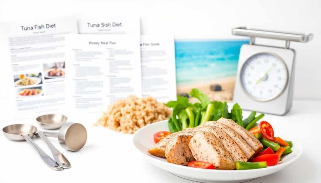 A crisp, well-lit image of a tuna fish diet plan presented on a clean, white background. In the foreground, a plate showcases a balanced meal of grilled tuna, steamed vegetables, and a side of brown rice. Surrounding the plate, neatly arranged are various tuna-based recipes, portion guides, and a detailed weekly meal plan. In the middle ground, a pair of sleek, silver measuring spoons and a food scale hint at the precision and attention to detail required for an effective tuna fish diet. The background features a soft, blurred image of a sunny coastal landscape, evoking the ocean origins of the featured ingredient. The overall mood is one of simplicity, health, and attainable weight loss goals. A crisp, well-lit image of a tuna fish diet plan presented on a clean, white background. In the foreground, a plate showcases a balanced meal of grilled tuna, steamed vegetables, and a side of brown rice. Surrounding the plate, neatly arranged are various tuna-based recipes, portion guides, and a detailed weekly meal plan. In the middle ground, a pair of sleek, silver measuring spoons and a food scale hint at the precision and attention to detail required for an effective tuna fish diet. The background features a soft, blurred image of a sunny coastal landscape, evoking the ocean origins of the featured ingredient. The overall mood is one of simplicity, health, and attainable weight loss goals.