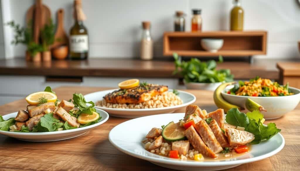 A crisp, well-lit kitchen scene with an abundance of fresh tuna fish dishes arranged on a wooden table. In the foreground, a delectable tuna salad with leafy greens, diced veggies, and a zesty dressing. Alongside, a baked tuna steak topped with lemon and herbs, accompanied by a light quinoa and vegetable medley. In the middle ground, a vibrant tuna and avocado poke bowl, its colors popping against a simple white serving plate. In the background, a minimalist wall with a rustic wooden shelf displaying jars of spices and olive oil, evoking a sense of healthy, homemade cooking. The overall atmosphere is one of culinary simplicity, nutritious ingredients, and weight-conscious indulgence.