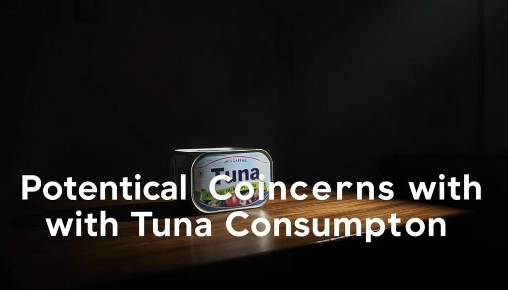 A darkened room with a tuna can on a wooden table, casting long shadows and evoking a sense of unease. The tuna can is positioned at an angle, drawing the viewer's attention to the potential concerns surrounding its consumption. The lighting is low-key, with a single spotlight illuminating the can, creating a moody and contemplative atmosphere. The background is a muted, textured wall, adding depth and emphasizing the focal point. The overall composition conveys the message of "Potential Concerns with Tuna Consumption" in a visually striking and thought-provoking manner.