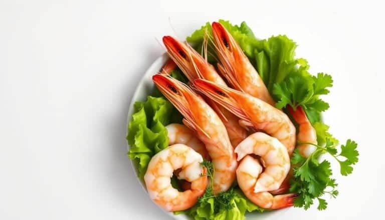 A delicate shrimp platter arranged against a clean, minimalist background. The shrimp, freshly cooked, glisten under soft, natural lighting that accentuates their vibrant pink hues. They are accompanied by fresh greens, such as crisp lettuce leaves and vibrant herbs, providing a healthy, balanced contrast. The overall composition exudes a sense of simplicity and wellness, inviting the viewer to envision shrimp as a nutritious component of a well-rounded dietary plan for weight management.