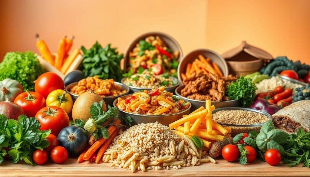 A deliciously balanced array of nutritious recipes, artfully arranged against a warm, inviting backdrop. In the foreground, an enticing display of vibrant ingredients - fresh produce, lean proteins, whole grains - beckoning to be transformed into flavorful, satisfying meals. The middle ground showcases an array of meticulously prepared dishes, their colors and textures harmonizing in a visually appealing composition. The background is softly lit, evoking a cozy, home-cooked ambiance, suggesting the pleasure and satisfaction of nourishing one's body with wholesome, delectable fare. The overall scene conveys a sense of balance, highlighting how a balanced diet can indeed be both nutritious and delicious, enabling effective weight loss without sacrificing flavor.