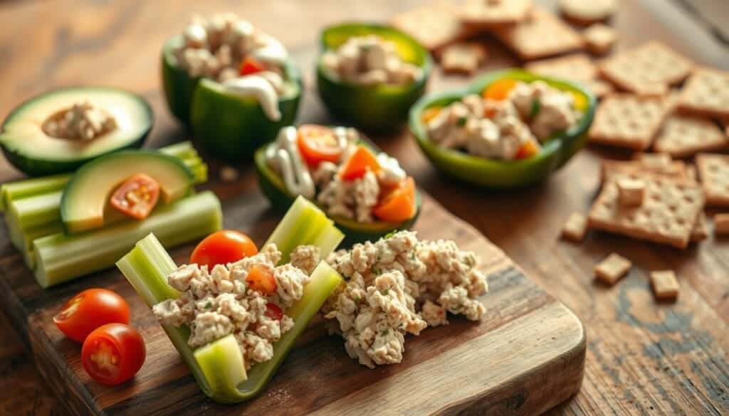 A delightful assortment of healthy tuna fish snack ideas, artfully arranged on a rustic wooden board. In the foreground, flaky tuna salad nestled in crisp celery sticks, accented by sliced avocado and cherry tomatoes. The middle ground features tuna-stuffed cucumber bites, drizzled with a tangy yogurt dressing. In the background, a scatter of toasted whole grain crackers and tuna-filled mini bell peppers, creating a visually appealing and nutritious presentation. The scene is bathed in warm, natural lighting, evoking a sense of wholesome simplicity. The overall atmosphere encourages the viewer to savor the versatility of tuna as a lean, protein-rich option for weight-conscious snacking throughout the day. A delightful assortment of healthy tuna fish snack ideas, artfully arranged on a rustic wooden board. In the foreground, flaky tuna salad nestled in crisp celery sticks, accented by sliced avocado and cherry tomatoes. The middle ground features tuna-stuffed cucumber bites, drizzled with a tangy yogurt dressing. In the background, a scatter of toasted whole grain crackers and tuna-filled mini bell peppers, creating a visually appealing and nutritious presentation. The scene is bathed in warm, natural lighting, evoking a sense of wholesome simplicity. The overall atmosphere encourages the viewer to savor the versatility of tuna as a lean, protein-rich option for weight-conscious snacking throughout the day.