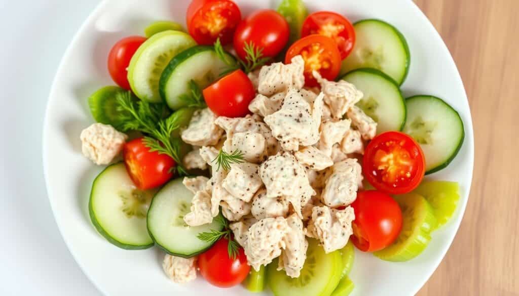 A delightful tuna salad arrangement with fresh ingredients, artfully presented on a white ceramic plate. The tuna is flaked and dressed in a light, creamy sauce, complemented by crisp celery, crunchy cucumber slices, and vibrant cherry tomatoes. The salad is garnished with a scattering of fresh dill and a sprinkle of black pepper, creating a visually appealing and appetizing dish. The lighting is soft and natural, highlighting the colors and textures of the ingredients. The camera angle is slightly elevated, allowing the viewer to appreciate the thoughtful composition and the healthy, weight-loss-friendly nature of this tuna salad creation. A delightful tuna salad arrangement with fresh ingredients, artfully presented on a white ceramic plate. The tuna is flaked and dressed in a light, creamy sauce, complemented by crisp celery, crunchy cucumber slices, and vibrant cherry tomatoes. The salad is garnished with a scattering of fresh dill and a sprinkle of black pepper, creating a visually appealing and appetizing dish. The lighting is soft and natural, highlighting the colors and textures of the ingredients. The camera angle is slightly elevated, allowing the viewer to appreciate the thoughtful composition and the healthy, weight-loss-friendly nature of this tuna salad creation.