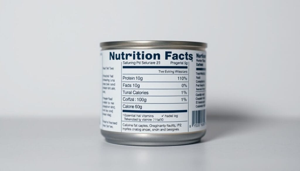 A detailed and realistic close-up of a label displaying the comprehensive nutrition facts for a can of tuna. The label is placed against a plain, clean background with soft, even lighting to emphasize the information. The text is crisp and legible, highlighting the key nutritional values such as protein, calories, fat, and other essential vitamins and minerals. The composition is balanced, with the label occupying the majority of the frame and filling the foreground, allowing the viewer to clearly see and study the nutritional profile. The overall mood is informative and clinical, suitable for educating readers about the health benefits of consuming tuna.