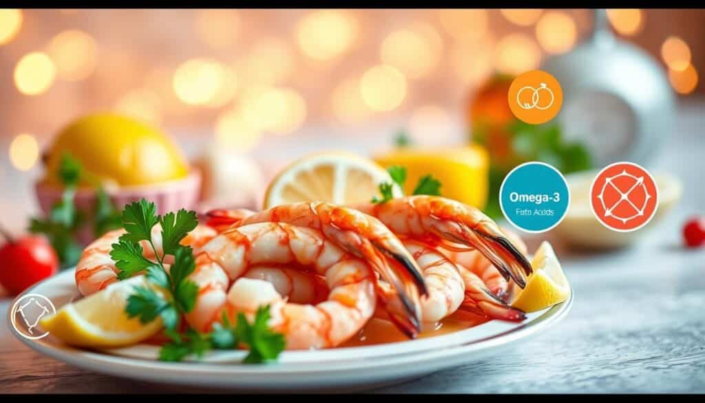 A detailed still life composition depicting the health benefits of shrimp. In the foreground, a plate of steamed shrimp garnished with fresh lemon wedges and parsley. In the middle ground, a selection of nutritional icons representing protein, omega-3 fatty acids, and antioxidants. The background features a soft, warm lighting with a subtle bokeh effect, highlighting the vibrant colors and textures of the shrimp and garnishes. The overall mood is one of culinary elegance and wellness, inviting the viewer to appreciate the nutritional value of this versatile seafood. A detailed still life composition depicting the health benefits of shrimp. In the foreground, a plate of steamed shrimp garnished with fresh lemon wedges and parsley. In the middle ground, a selection of nutritional icons representing protein, omega-3 fatty acids, and antioxidants. The background features a soft, warm lighting with a subtle bokeh effect, highlighting the vibrant colors and textures of the shrimp and garnishes. The overall mood is one of culinary elegance and wellness, inviting the viewer to appreciate the nutritional value of this versatile seafood.