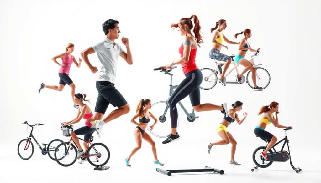A dynamic collage depicting various cardio exercises for weight loss, captured in a bright, airy studio setting. Centered are individuals performing high-intensity workouts like running, jumping jacks, and cycling, with crisp, clean lines and excellent anatomical detail. The middle ground showcases additional exercises like burpees, mountain climbers, and plyometric lunges, all executed with precision and energy. The background features a minimalist, white backdrop that allows the vibrant movements to take center stage, creating an atmosphere of motivation and determination.