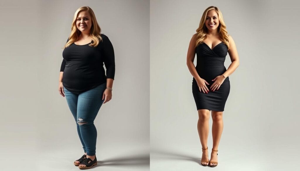 A full-body portrait of Kelly Clarkson in two contrasting shots, showcasing her remarkable weight loss transformation. In the before shot, Clarkson appears heavier, with a softer, rounder figure, wearing casual attire. The lighting is soft and flattering, emphasizing her natural beauty. In the after shot, Clarkson looks slimmer and more toned, wearing a form-fitting dress that accentuates her newfound curves. The lighting is more dramatic, creating a sense of empowerment and confidence. Both images are captured with a medium-range lens, framing Clarkson from the waist up, against a simple, neutral background that allows the focus to remain on her physical transformation. The overall mood is inspiring, highlighting Clarkson's dedication and commitment to her health and wellness journey.