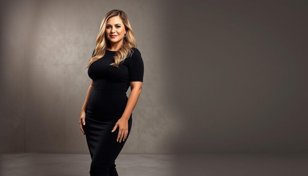 A full-length glamorous portrait of Kelly Clarkson in a chic, form-fitting black dress that flatters her toned figure after her recent weight loss transformation. She stands confidently, her face lit by soft, directional lighting that enhances her radiant skin and features. The background is a sophisticated, neutral-toned studio setup with subtle textures and gradients, creating a polished, high-fashion aesthetic. The overall mood is one of elegance, confidence, and a stylish, updated look that reflects Kelly's personal growth and success.