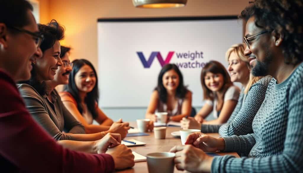 A group of diverse individuals sitting around a table, engaged in a lively discussion about their experiences with Weight Watchers. The lighting is warm and inviting, creating a cozy atmosphere. The foreground features close-up shots of their faces, capturing their expressions of satisfaction, frustration, or thoughtfulness as they share their feedback. The middle ground showcases the table, adorned with notepads, pens, and cups of coffee or tea, reflecting the collaborative nature of the discussion. In the background, a subtle, blurred image of the Weight Watchers logo or branding serves as a subtle nod to the topic at hand. The overall scene conveys a sense of earnest, authentic feedback from real members of the Weight Watchers community.