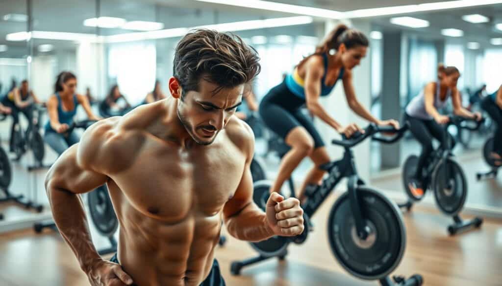 A group of people performing various high-intensity exercises in a well-lit, modern gym setting. In the foreground, a person doing burpees, their muscles straining with effort. In the middle ground, individuals cycling on stationary bikes, sweat glistening on their brows. The background features a wall of mirrors, reflecting the energy and determination of the workout. The lighting is bright and clean, creating a sense of motivation and focus. The overall atmosphere conveys the science-backed benefits of effective weight loss exercises, inspiring the viewer to embark on their own fitness journey.