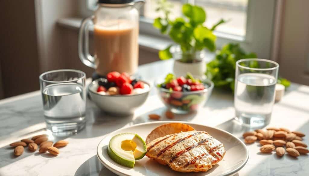 A high-protein diet laid out on a white marble table, bathed in soft, natural light streaming through a window. In the foreground, a plate of grilled chicken breast, avocado slices, and a glass of water. In the middle ground, a bowl of Greek yogurt with fresh berries, and a handful of raw almonds. In the background, a blender with a protein shake, and a leafy green salad. The scene conveys a sense of healthy, balanced nutrition to support effective fat loss.