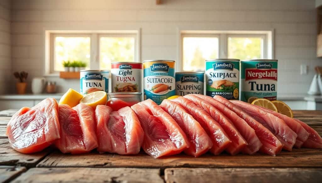 A high-quality photograph of various types of tuna fish displayed on a rustic wooden table. The foreground features a selection of fresh, whole tuna fillets in different hues of pink and red, arranged in an appealing manner. The middle ground showcases canned tuna of various varieties, including light, albacore, and skipjack, accompanied by a few sliced lemons. The background depicts a clean, minimalist kitchen counter, with a large window bringing in natural light that casts a warm, soft glow over the scene. The overall composition and lighting create a visually appealing, appetizing, and informative image that showcases the different types of tuna and their potential benefits for weight loss.