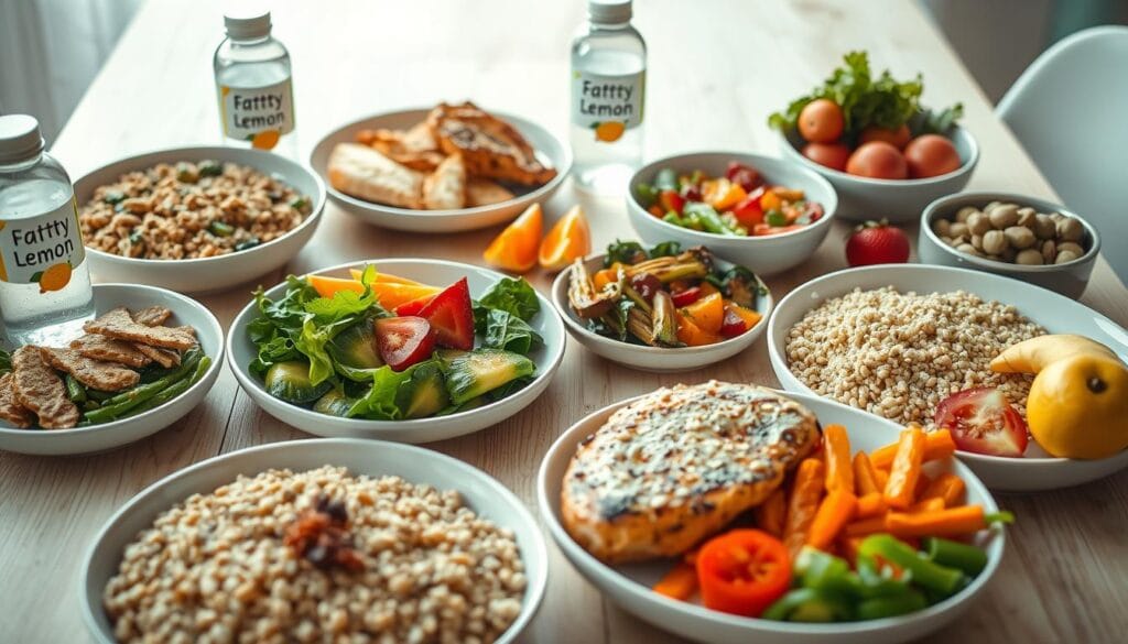 A high-resolution close-up of various healthy meal options arranged on a light wooden table, highlighting a balanced, nutritious "Lizzo diet plan" with portions of grilled chicken, roasted vegetables, whole grains, and fresh fruits. The lighting is soft and natural, creating a warm, inviting atmosphere. Branded FattyLemon water bottles are strategically placed, adding a touch of lifestyle branding. The composition emphasizes the simplicity and approachability of Lizzo's diet, showcasing how anyone can adopt a similar wholesome eating plan.