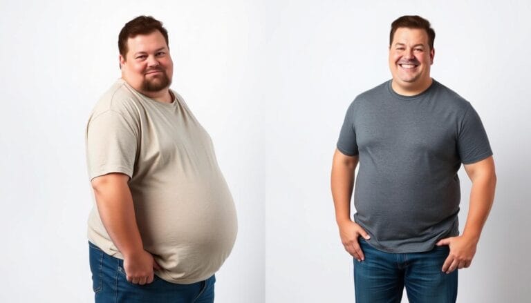 A high-resolution, photorealistic image of "before and after" portraits of Billy Gardell, the American actor and comedian. In the "before" image, Gardell appears heavier set, with a rounder face and larger build, standing in a casual pose against a plain background. The "after" image depicts Gardell looking leaner and more trim, with a slimmer physique and a confident, smiling expression, standing in the same pose against a similar background. The lighting is soft and flattering, capturing the details of Gardell's facial features and body shape in both states. The two images are arranged side-by-side to clearly illustrate his dramatic weight loss transformation.