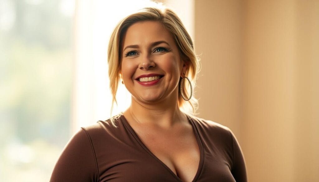 A high-resolution, photorealistic portrait of Kelly Clarkson in 2024, looking fit and healthy, with a glowing complexion and a confident smile. She is wearing a flattering, slimming outfit that accentuates her newfound figure. The lighting is soft and warm, creating a serene, uplifting atmosphere. The background is blurred, placing the focus on Kelly's transformed appearance. The image conveys her dedication, discipline, and pride in her weight loss journey, inspiring and empowering the viewer.