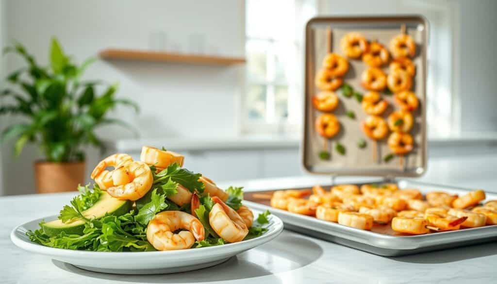 A minimalist kitchen scene featuring a variety of low-calorie shrimp dishes. In the foreground, a plate showcases a vibrant shrimp salad with fresh greens, sliced avocado, and a light vinaigrette dressing. In the middle ground, a baking sheet displays roasted shrimp skewers seasoned with lemon, garlic, and herbs. The background features a clean, airy space with natural light streaming in through large windows, highlighting the healthy, low-calorie nature of the recipes. The overall mood is one of simplicity, freshness, and a focus on nutrient-dense ingredients that support weight loss goals. A minimalist kitchen scene featuring a variety of low-calorie shrimp dishes. In the foreground, a plate showcases a vibrant shrimp salad with fresh greens, sliced avocado, and a light vinaigrette dressing. In the middle ground, a baking sheet displays roasted shrimp skewers seasoned with lemon, garlic, and herbs. The background features a clean, airy space with natural light streaming in through large windows, highlighting the healthy, low-calorie nature of the recipes. The overall mood is one of simplicity, freshness, and a focus on nutrient-dense ingredients that support weight loss goals.