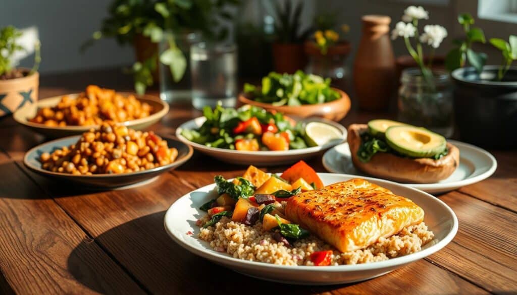 A mouth-watering array of wholesome dinner options arranged on a wooden table, illuminated by soft, natural lighting. In the foreground, a plate showcases a colorful, balanced meal of roasted vegetables, grilled salmon, and a side of quinoa. In the middle ground, additional plates feature a hearty lentil stew, a vibrant salad with greens and avocado, and a baked sweet potato topped with sautéed spinach. The background features various herb pots, a glass of water, and a small vase of fresh flowers, creating a serene, nourishing atmosphere. The overall scene radiates simplicity, nutrition, and a commitment to healthy eating for weight loss.