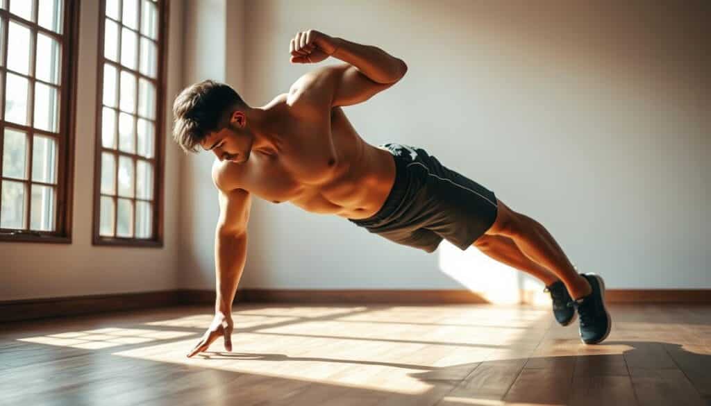 A muscular person in athletic attire performing a high-plank exercise on a wooden floor, with natural sunlight streaming through large windows, creating dramatic shadows. The individual's face is not visible, but their toned physique is the focal point, emphasizing the intensity of the strength-training workout. The background is minimalist, allowing the exercise to be the central focus, conveying the idea of an effective, no-frills workout routine for weight loss.