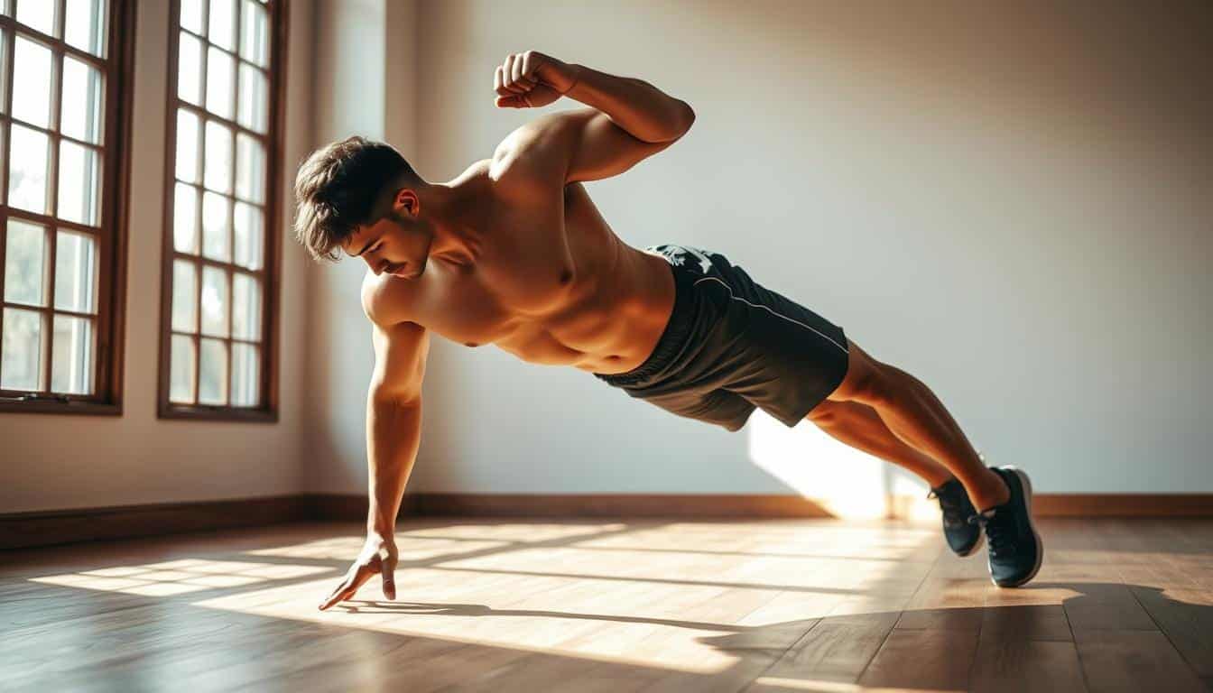 A muscular person in athletic attire performing a high-plank exercise on a wooden floor, with natural sunlight streaming through large windows, creating dramatic shadows. The individual's face is not visible, but their toned physique is the focal point, emphasizing the intensity of the strength-training workout. The background is minimalist, allowing the exercise to be the central focus, conveying the idea of an effective, no-frills workout routine for weight loss.