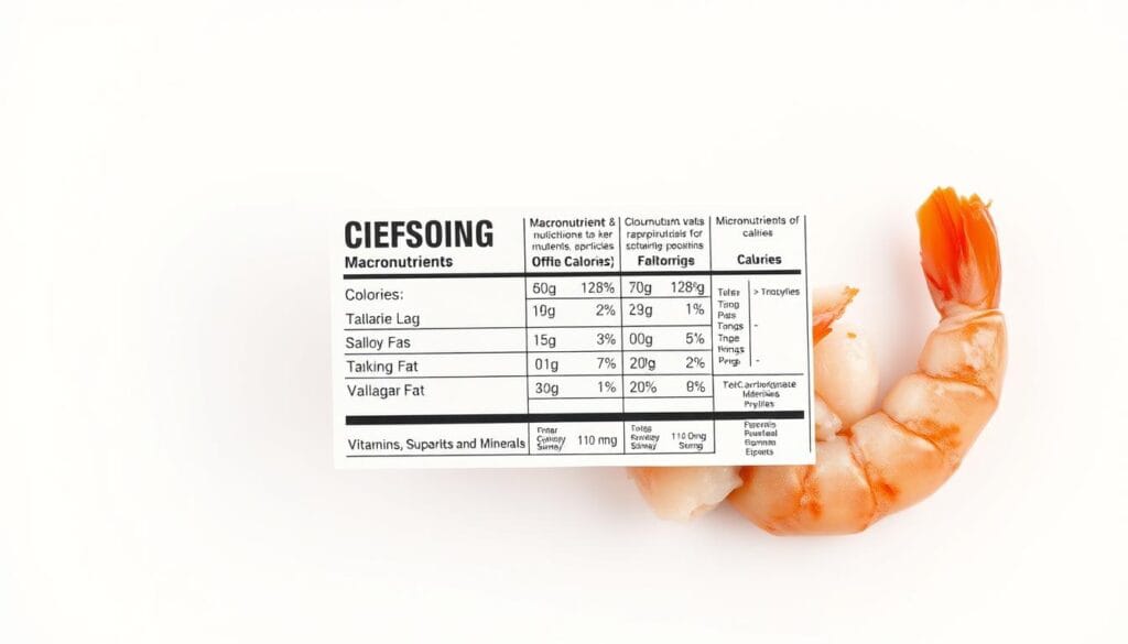 A neatly arranged and highly detailed nutritional label centered against a clean, white background. The label showcases comprehensive data on shrimp's macronutrients, micronutrients, and other key nutritional facts, including calories, protein, fat, carbohydrates, vitamins, and minerals. The label is presented in a clear, easy-to-read format, using legible typography and a color scheme that enhances readability. Soft, even lighting illuminates the label, creating a sense of scientific precision and authority. The overall composition evokes a clinical, informative atmosphere, suitable for illustrating the nutritional profile of shrimp.