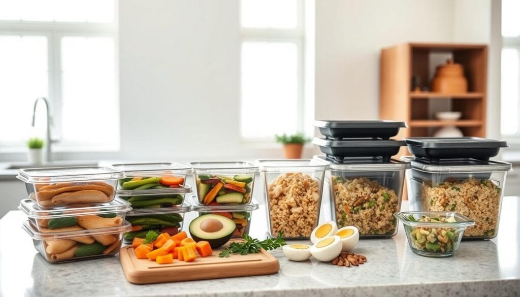 A neatly organized kitchen counter displays an array of high-protein meal prep containers. In the foreground, steaming containers of grilled chicken, roasted vegetables, and quinoa salad stand ready for portioning. In the middle ground, a cutting board holds fresh ingredients like avocado, hard-boiled eggs, and nuts. The background features a clean, minimalist space with natural lighting streaming in through large windows, creating a calming, focused atmosphere. The overall scene conveys a sense of efficiency, discipline, and a commitment to a healthy, high-protein lifestyle.