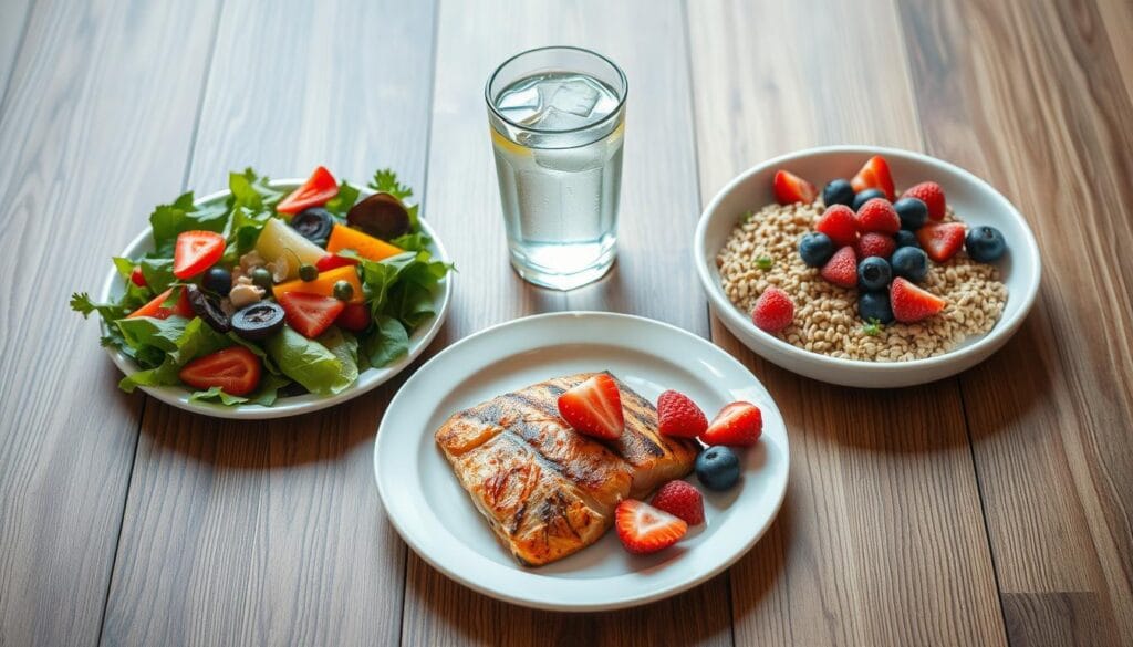 A neatly organized wooden table, bathed in soft, natural lighting. On its surface, an assortment of balanced weight loss meal ideas - a hearty vegetable salad, a plate of grilled fish with roasted vegetables, a bowl of whole grain cereal topped with fresh berries, and a glass of refreshing infused water. The colors and textures of the dishes create a visually appealing and appetizing scene, inviting the viewer to explore a world of flavorful, nutritious options for effective weight management.