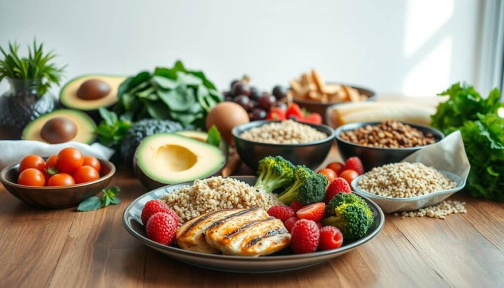 A nutritious diet for weight loss, featuring a vibrant array of fresh fruits, vegetables, lean proteins, and whole grains arranged on a wooden table. The foreground showcases a balanced plate with grilled chicken, quinoa, roasted broccoli, and a side of berries. In the middle ground, a variety of ingredients like avocado, spinach, and lentils are artfully displayed, while the background features a clean, minimalist setting with natural lighting and a sense of calm. The overall composition conveys a balanced, sustainable, and visually appealing approach to weight loss through healthy meal planning.