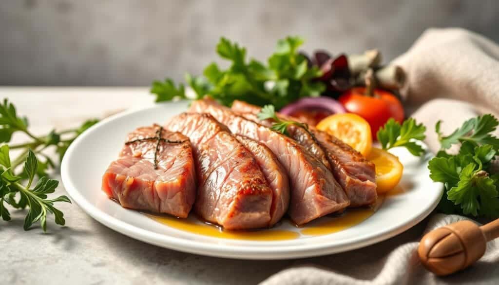 A plate of fresh, high-quality tuna steak is the centerpiece of this image, prominently displayed against a soft, muted background. The tuna glistens with a light sear, its meaty texture inviting. Surrounding the tuna are various ingredients associated with a healthy, weight-loss-friendly meal - vibrant green leafy greens, crisp vegetables, and a drizzle of olive oil. The lighting is soft and natural, casting a warm glow on the scene and emphasizing the healthy, wholesome nature of the dish. The overall composition is balanced and visually appealing, conveying the idea that tuna can be a delicious and nutritious part of a weight loss diet. A plate of fresh, high-quality tuna steak is the centerpiece of this image, prominently displayed against a soft, muted background. The tuna glistens with a light sear, its meaty texture inviting. Surrounding the tuna are various ingredients associated with a healthy, weight-loss-friendly meal - vibrant green leafy greens, crisp vegetables, and a drizzle of olive oil. The lighting is soft and natural, casting a warm glow on the scene and emphasizing the healthy, wholesome nature of the dish. The overall composition is balanced and visually appealing, conveying the idea that tuna can be a delicious and nutritious part of a weight loss diet.