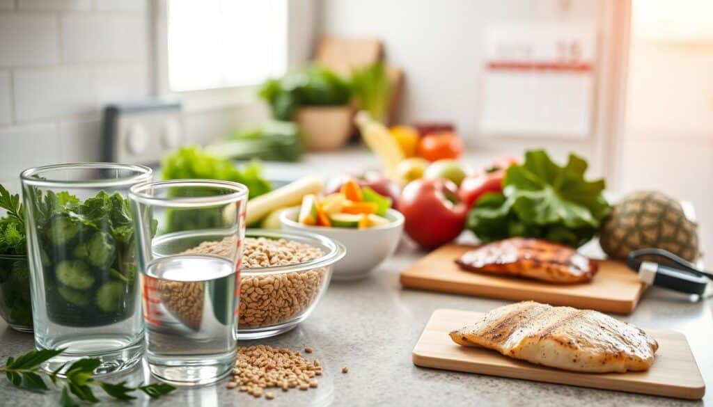 A serene kitchen countertop with an array of fresh produce, whole grains, and lean protein sources artfully arranged. Soft, natural lighting filters in through a window, casting a warm glow on the scene. In the foreground, a glass of water and a measuring cup symbolize portion control. The middle ground features cutting boards with chopped vegetables, a bowl of whole-grain cereal, and a plate of grilled chicken, conveying the preparation of a balanced meal. In the background, a calendar and a fitness tracker suggest the integration of these healthy habits into daily routines. The overall atmosphere is one of mindfulness, balance, and a sustainable approach to weight management.
