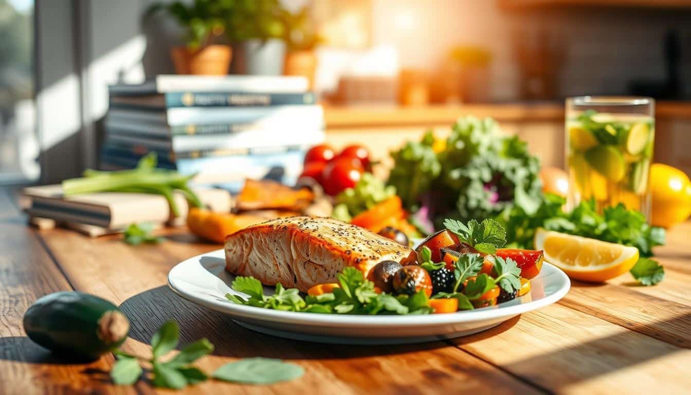 A serene, sun-dappled kitchen scene with a wooden table showcasing a variety of fresh, colorful ingredients. In the foreground, a plate presents a balanced meal of grilled salmon, roasted vegetables, and a vibrant salad. Subtly placed in the background, a stack of healthy cookbooks and a glass of infused water create a cozy, inspirational atmosphere. Warm, soft lighting accentuates the natural textures and hues, conveying a sense of nourishment and well-being. The overall composition emphasizes the core principles of a belly fat-reducing diet: whole, unprocessed foods, lean protein, and a focus on nutrient-dense, low-calorie options.