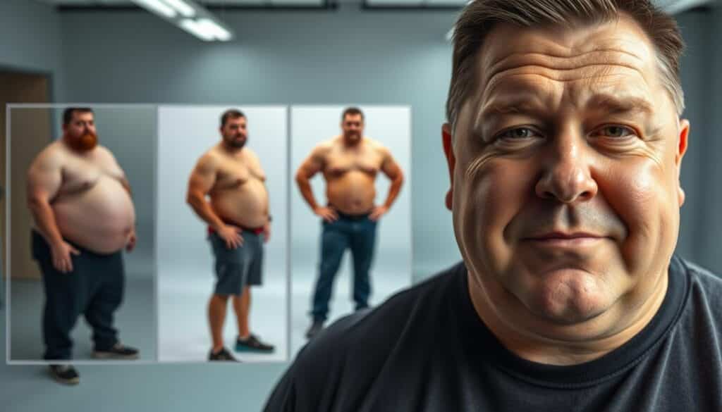 A series of detailed progress photos of actor Billy Gardell, capturing his inspiring weight loss journey. In the foreground, a well-lit, high-resolution close-up showcases Gardell's slimmer, healthier physique, with carefully sculpted lighting accentuating his facial features and newly defined muscles. In the middle ground, wider shots display Gardell's transformation over time, from his starting point to his current, more fit appearance. The background fades into a clean, professional studio setting, with a sense of medical or clinical authority, hinting at the guidance and support that enabled his progress.
